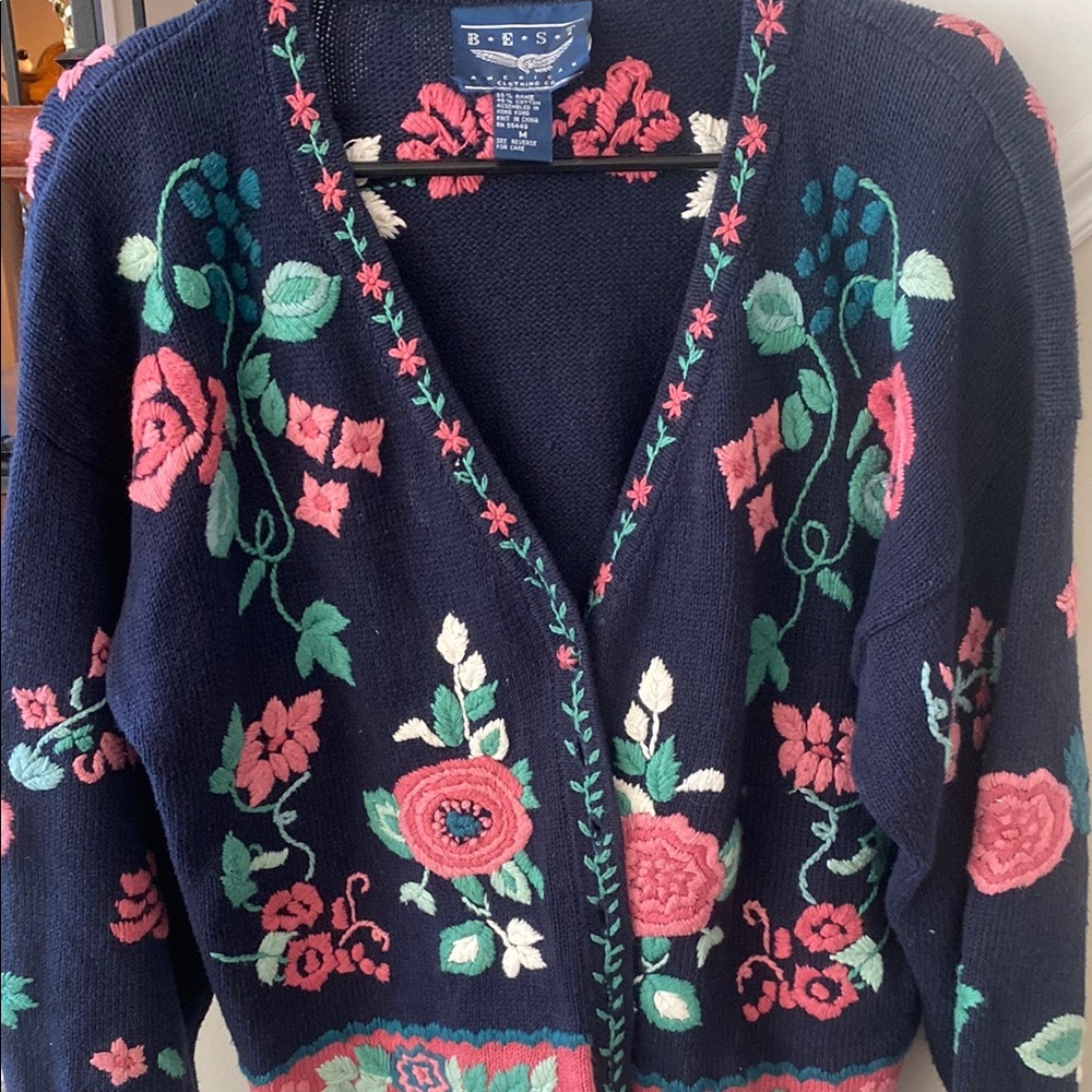 Blue and Pink embroidery Floral Cardigan Sweater